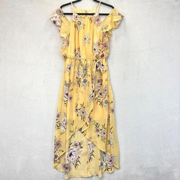Floral Hi Low Cold Shoulder Maxi Dress Womens Medium M Butter Yellow Boho Flowy - Picture 2 of 16